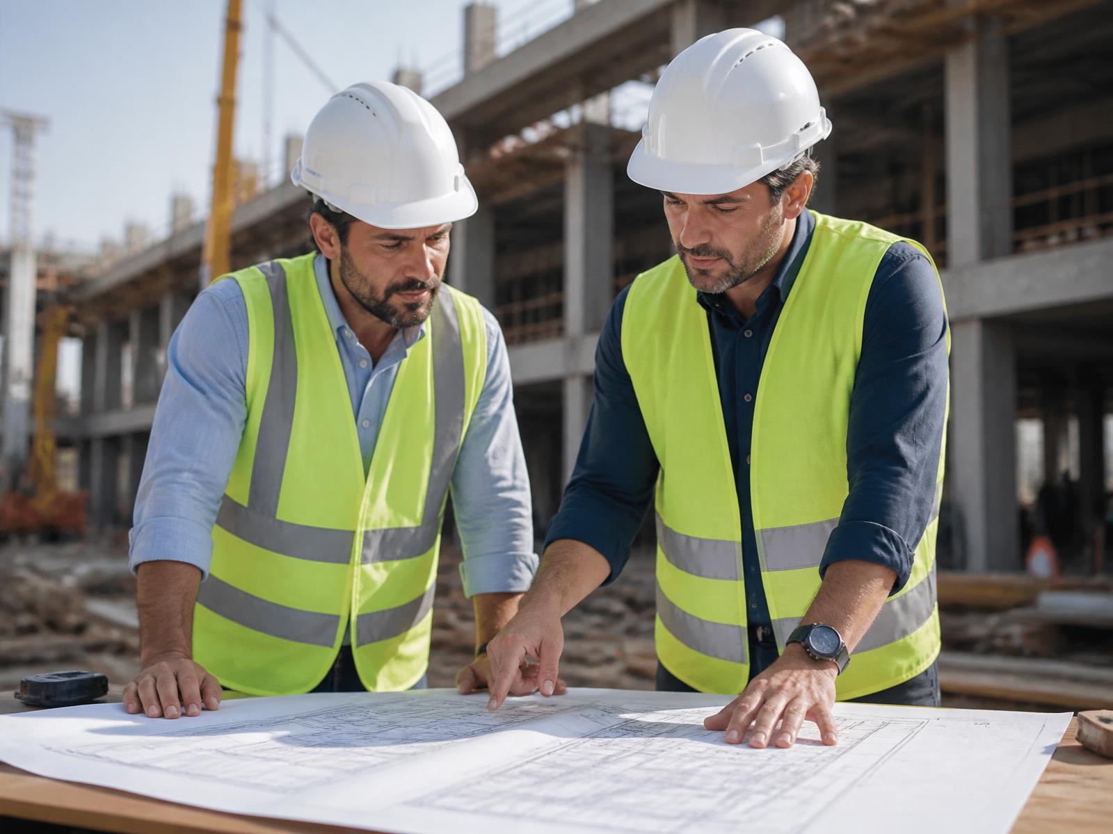 Sócios da Bantal Engenharia analisando plantas no canteiro de obras
